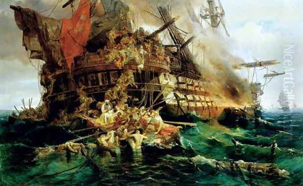 A Turkish Warship on Fire 1868 Oil Painting by Konstantinos (or Constantin) Bolanachi