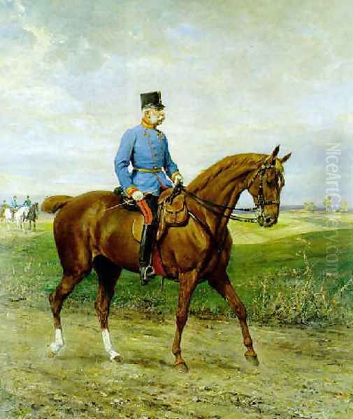 Kaiser Franz Joseph I. von Osterreich in der Campagneuniform eines Feldmarschalls zu Pferde im Manovergelande 1909 Oil Painting by Julius von Blaas