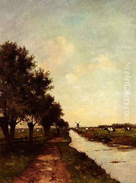 Grazing Cows In A Polder Landscape Oil Painting by Victor Bauffe