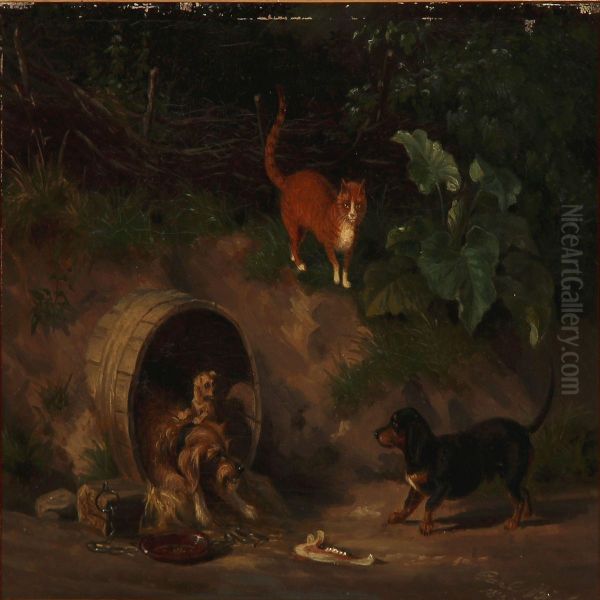 A Cat Watches The Dog's Fight For A Bone Oil Painting by Carl Henrik Bogh