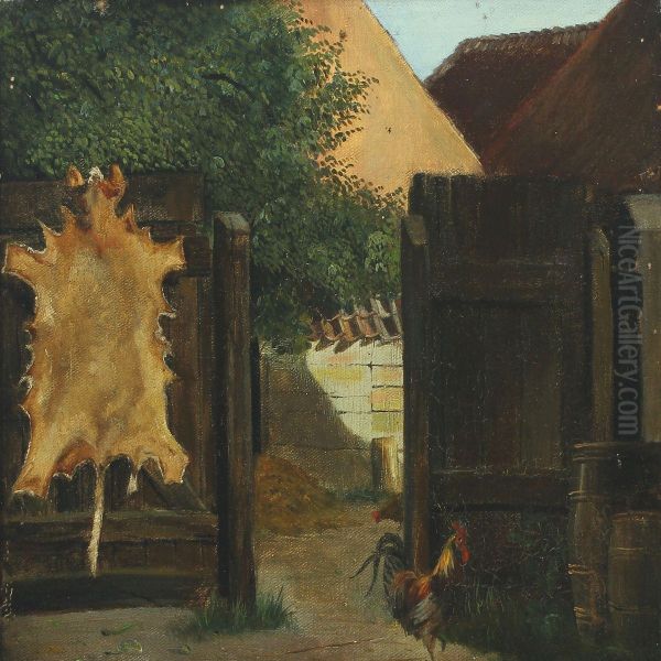 Yard With Chickens And Cow Hide Oil Painting by Carl Henrik Bogh