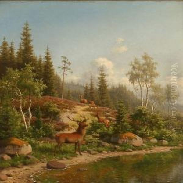 Summer Landscape With A Stag And Deer At A Forest Lake Oil Painting by Carl Henrik Bogh