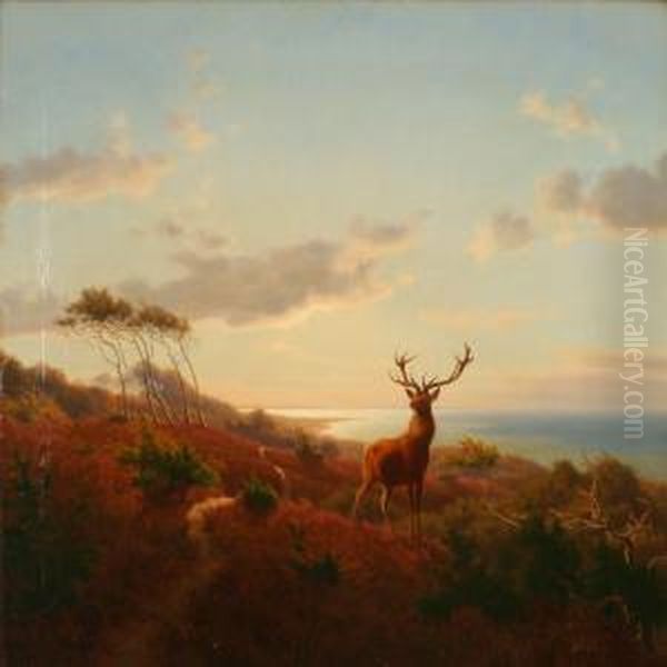 A Stag In An Evening Autumn Landscape Oil Painting by Carl Henrik Bogh