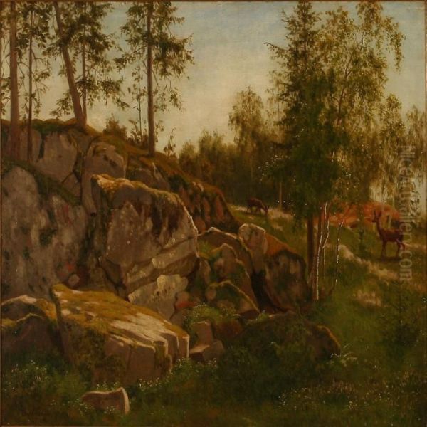 Forest Scene With Does Oil Painting by Carl Henrik Bogh