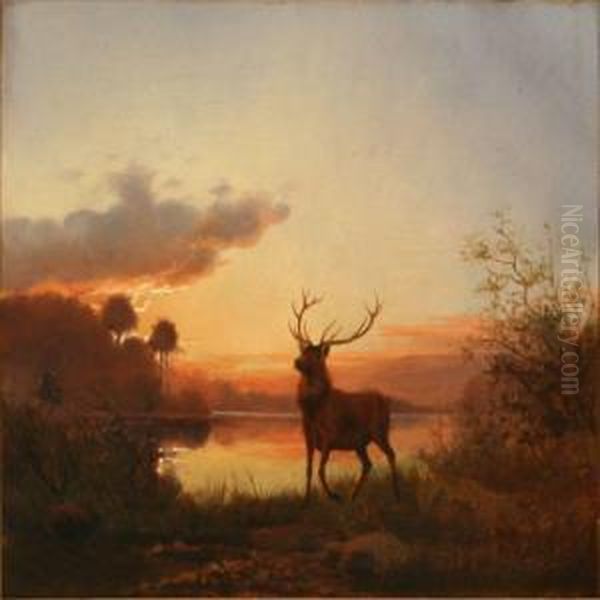 Evening Landscape With A Stag Oil Painting by Carl Henrik Bogh