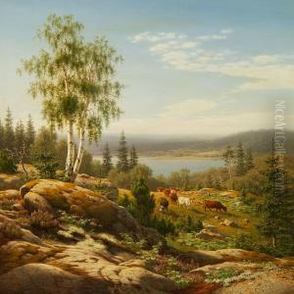 Klippelandskab Med Koer Oil Painting by Carl Henrik Bogh