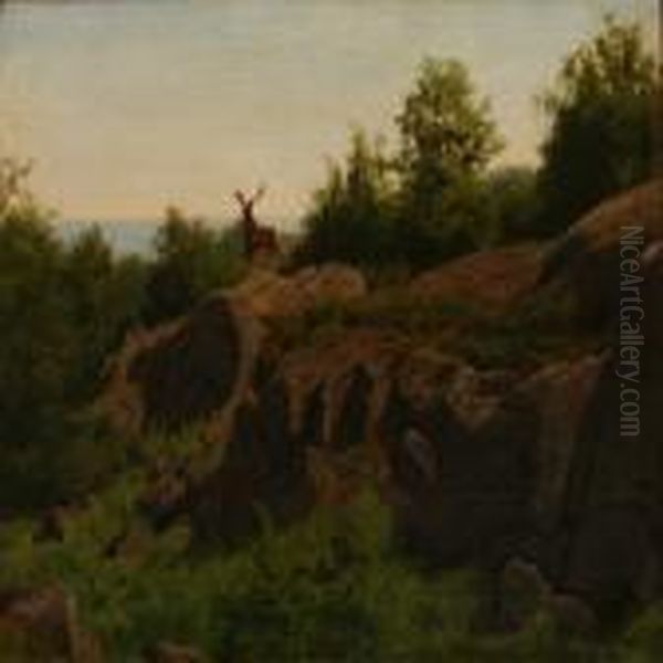 Rocky Landscape With A Stag Oil Painting by Carl Henrik Bogh