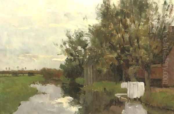 Farmhouse along a quiet stream Oil Painting by Victor Bauffe