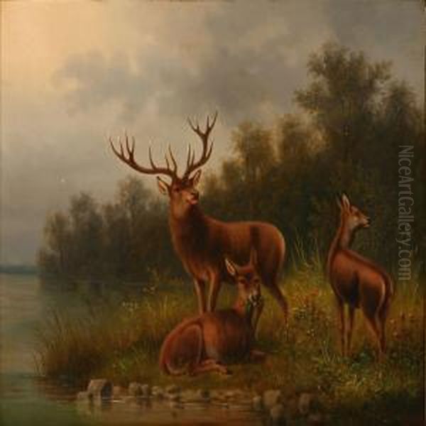 Deer At A Wateredge Oil Painting by Carl Henrik Bogh