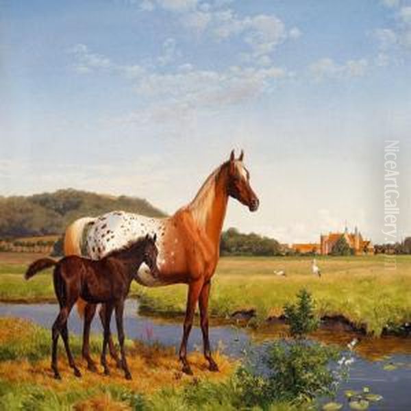 Horses And Storks In The Meadow Near The Manor House Gl Oil Painting by Carl Henrik Bogh