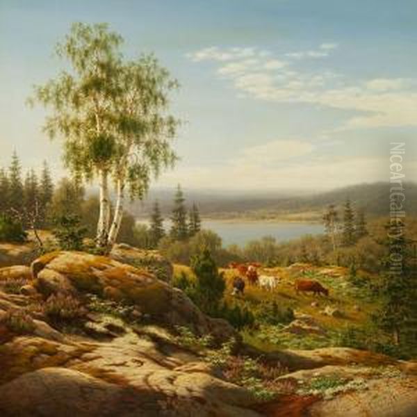 Cows In A Rocky Landscape In Smaaland, Sweden Oil Painting by Carl Henrik Bogh