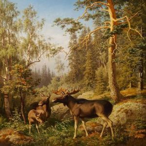 Elks. A Battue Near Eskilstuna, Sweden Oil Painting by Carl Henrik Bogh