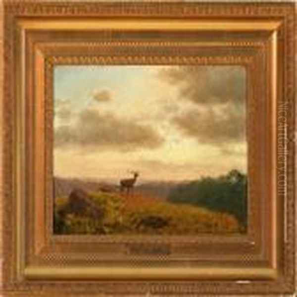 Evening Atmosphere With Red Deer In A Hilly Landscape Oil Painting by Carl Henrik Bogh