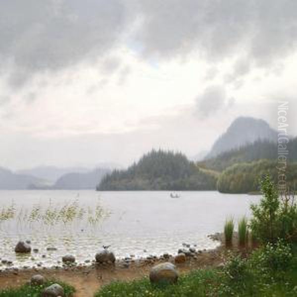 A Lake Surrounded By Conifers Oil Painting by Carl Henrik Bogh