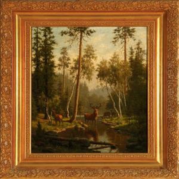 Spring Forest With Deer At A Stream Oil Painting by Carl Henrik Bogh