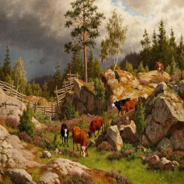 Swedish Landscape With Grazing Cows Oil Painting by Carl Henrik Bogh