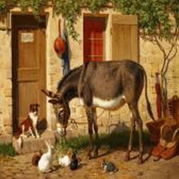 A Donkey, A Dog And Some Rabbits In Front Of A House Oil Painting by Carl Henrik Bogh