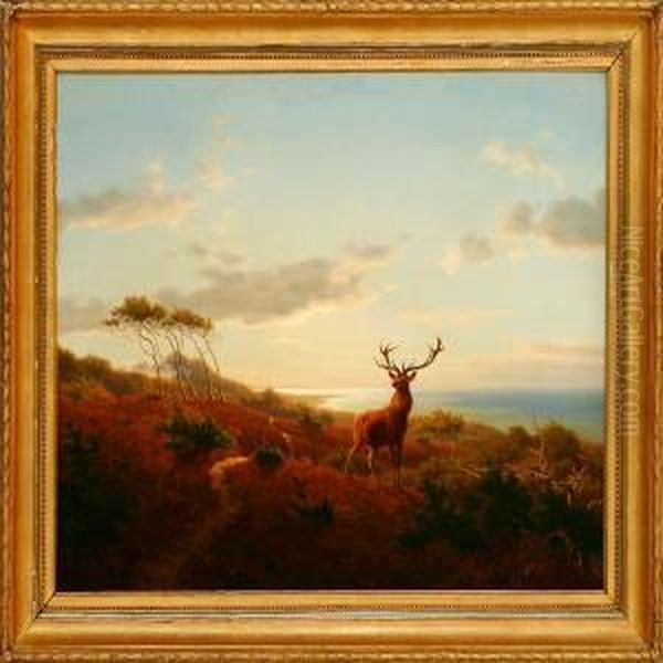 A Hilly Landscape With A Reddeer Oil Painting by Carl Henrik Bogh