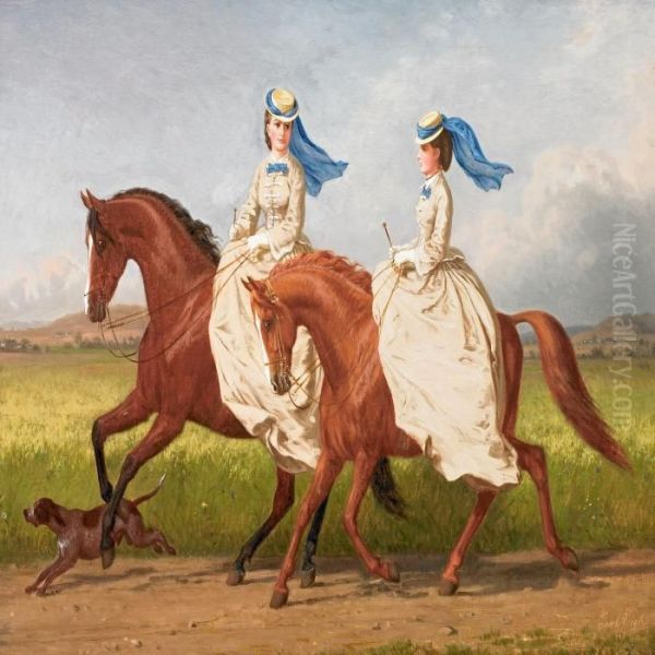 Landscape With Two Women On Horsebacks Oil Painting by Carl Henrik Bogh