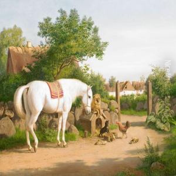 A White Horse, Two Dogs, A Hen And Ducklings Looking At Eachother Oil Painting by Carl Henrik Bogh