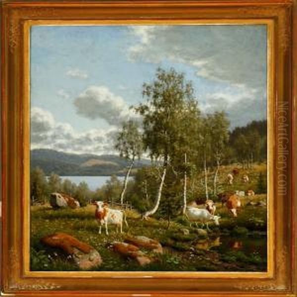 Swedish Landscape Withcattle Near A Lake Oil Painting by Carl Henrik Bogh