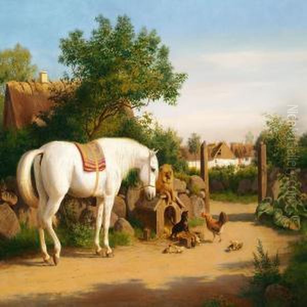 A White Horse, Two Dogs, A Hen And Ducklings Looking At Each Other Oil Painting by Carl Henrik Bogh