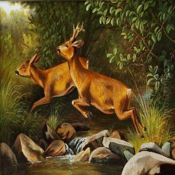 Running Roe Deers In A Forest Oil Painting by Carl Henrik Bogh