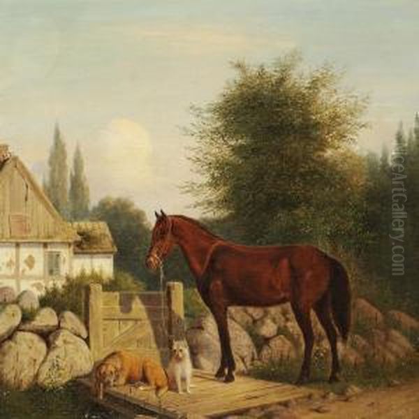 A Horse And Two Dogs At A Gate To A Half-timbered House Oil Painting by Carl Henrik Bogh