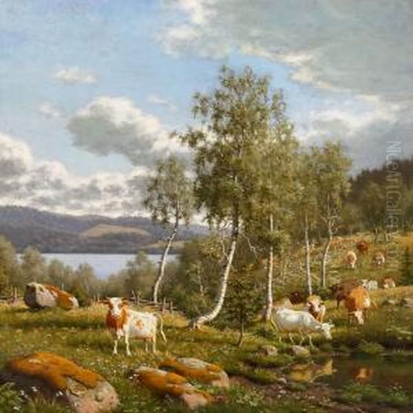 Swedish Landscape With Cows Near A Lake Oil Painting by Carl Henrik Bogh