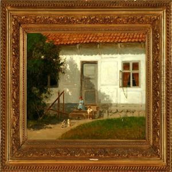 Children And Puppies In Front A White Half-timbered House Oil Painting by Carl Henrik Bogh