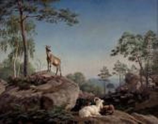 Ziegenherde In Felsiger Waldlandschaft Oil Painting by Carl Henrik Bogh