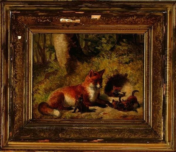 A Fox With Her Litter Oil Painting by Carl Henrik Bogh