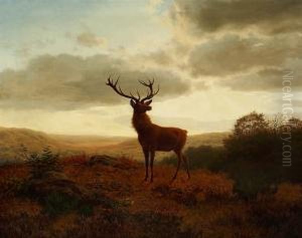 Bogh: A Stag In A Moor Landscape In The Twilight Oil Painting by Carl Henrik Bogh