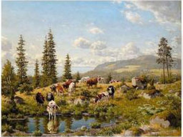 Cattle Watering In An Alpine Landscape Oil Painting by Carl Henrik Bogh