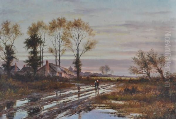 Figures On A Country Road At Sunset Oil Painting by John Henry Boel