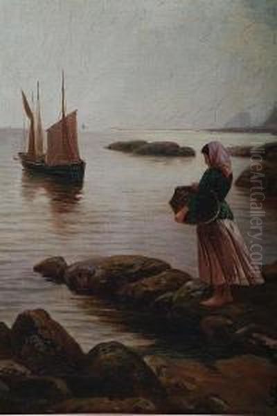 A Waiting The Return Of The Fishingboats Oil Painting by John Henry Boel