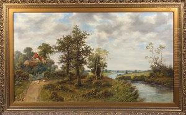 A Wooded River Landscape With A Woman And Geese Oil Painting by John Henry Boel