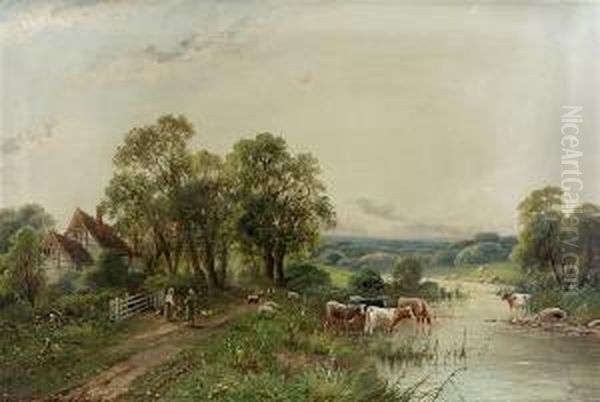 Cattle Watering And Figures On A Path Beside A Farmhouse Oil Painting by John Henry Boel