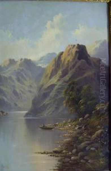 Fisherman On A Lake Oil Painting by John Henry Boel