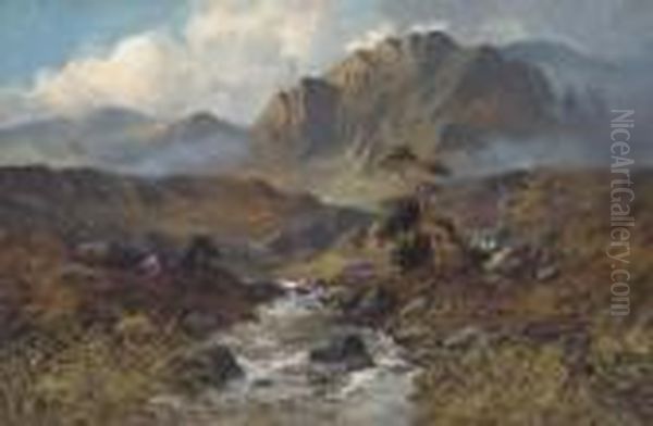 A Highland Cascade Oil Painting by John Henry Boel