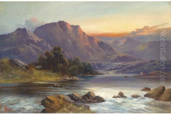 A Highland Landscape At Sunset Oil Painting by John Henry Boel