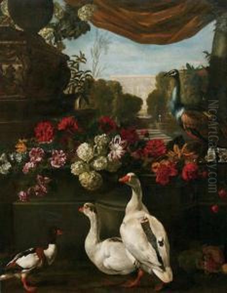 A Duck, Geese And A Peacock In A Classical Garden Landscape Oil Painting by Peeter Boel