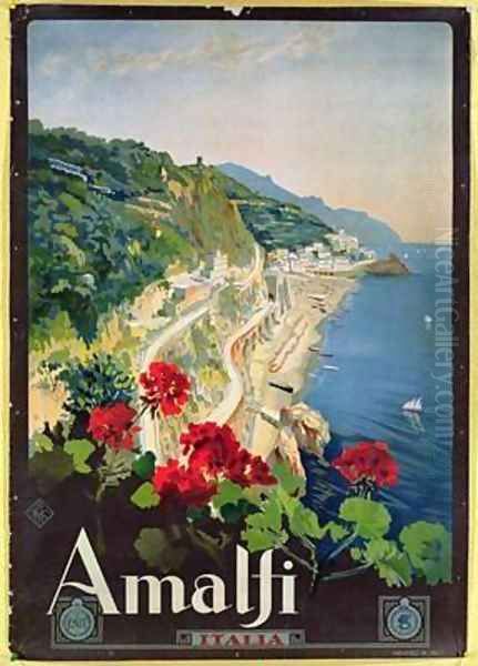 Poster advertising the Amalfi Coast Oil Painting by Mario Borgoni