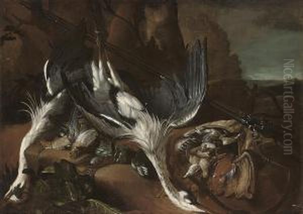 Two Dead Heron, Woodcock And Other Birds, With A Rifle In Alandscape Oil Painting by Peeter Boel