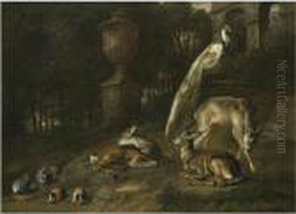 Rabbits, Guinea-pigs, Roe-deers And A Peacock In An Ornamental Garden Oil Painting by Peeter Boel