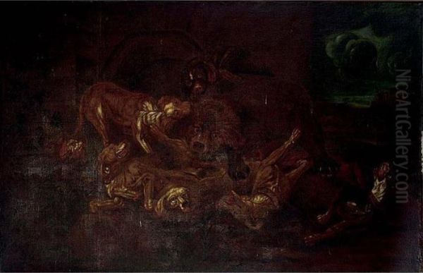 Hounds Attacked By A Boar Oil Painting by Peeter Boel