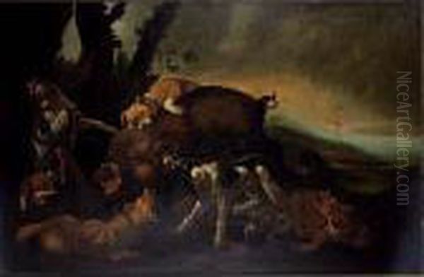 A Boar Hunt With Hounds Oil Painting by Peeter Boel