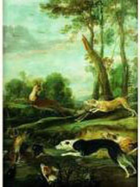 La Chasse Au Cerf Et Au Chevreuil : Le Bat-l'eau Oil Painting by Peeter Boel