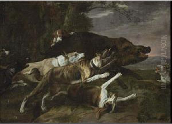 Hounds Assailing A Boar In A Wooded Landscape Oil Painting by Peeter Boel