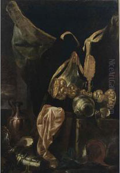 A Still Life With Armour, A 
Silver-gilt Cup, A Copper Jug, A Silver Bowl And A Pink Cloth Oil Painting by Peeter Boel